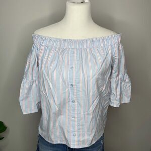 5/$25💜 No Comment- Baby Blue & Salmon Off Shoulder Top